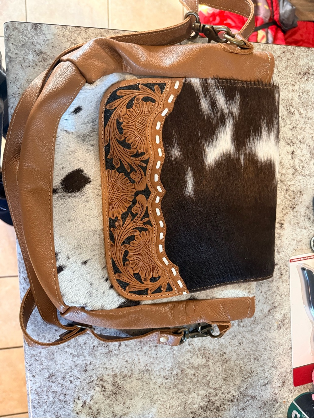 Myra Bag Cowhide & Tooled Leather Shoulder Bag in Brown, White, Tan